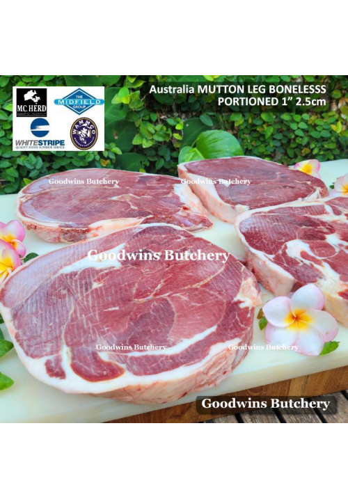 Mutton LEG BONELESS paha domba frozen Australia MIDFIELD portioned steak cuts 2.5cm 1" (price/pc 800g)